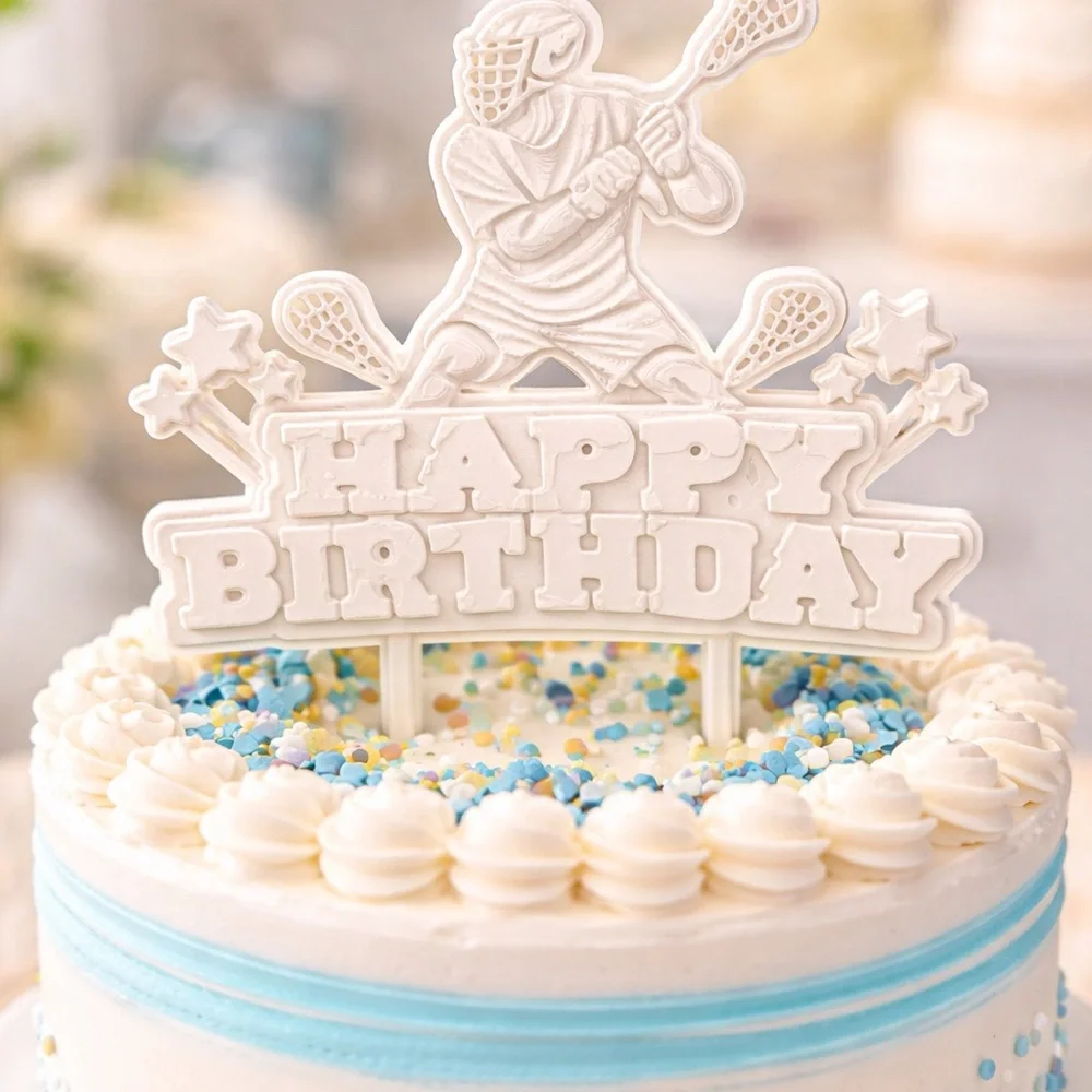 Happy Birthday Lacrosse Cake Topper - White